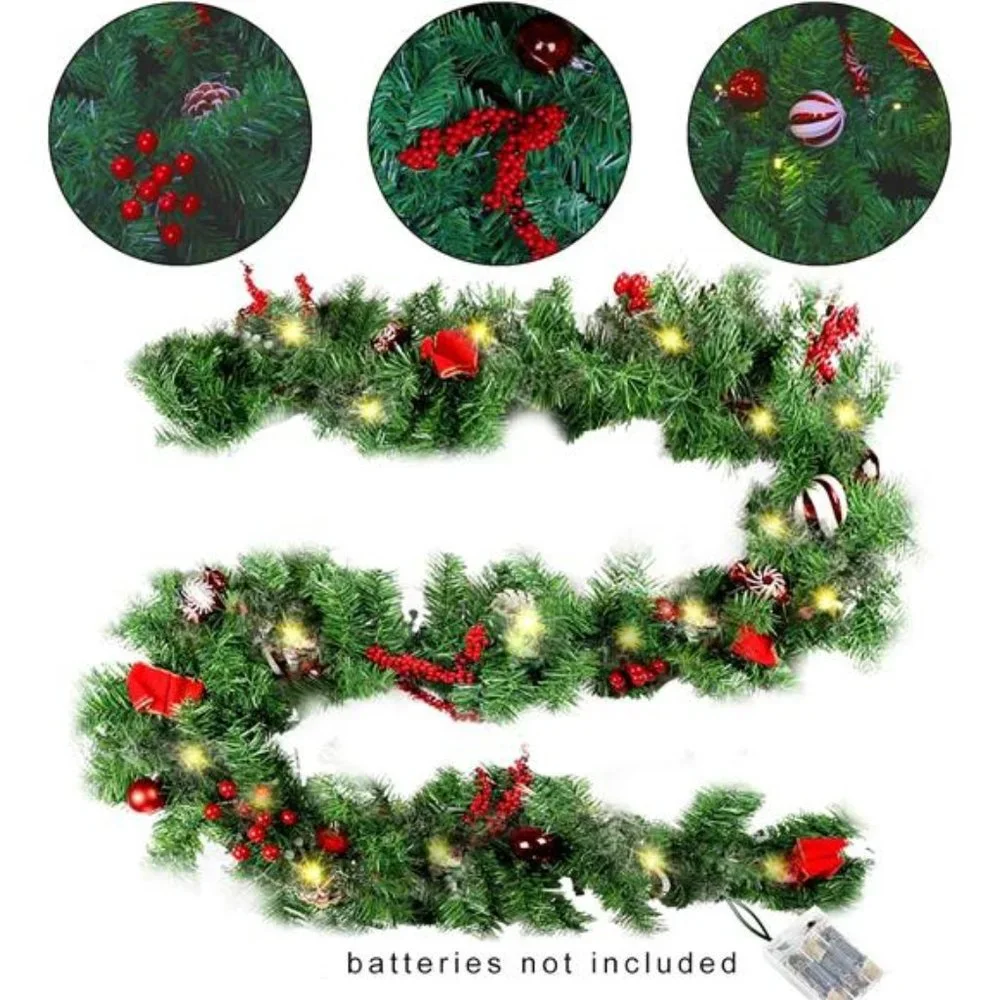 9 FT LED Christmas Garland with Pinecones Red Berries Bows Christmas Balls